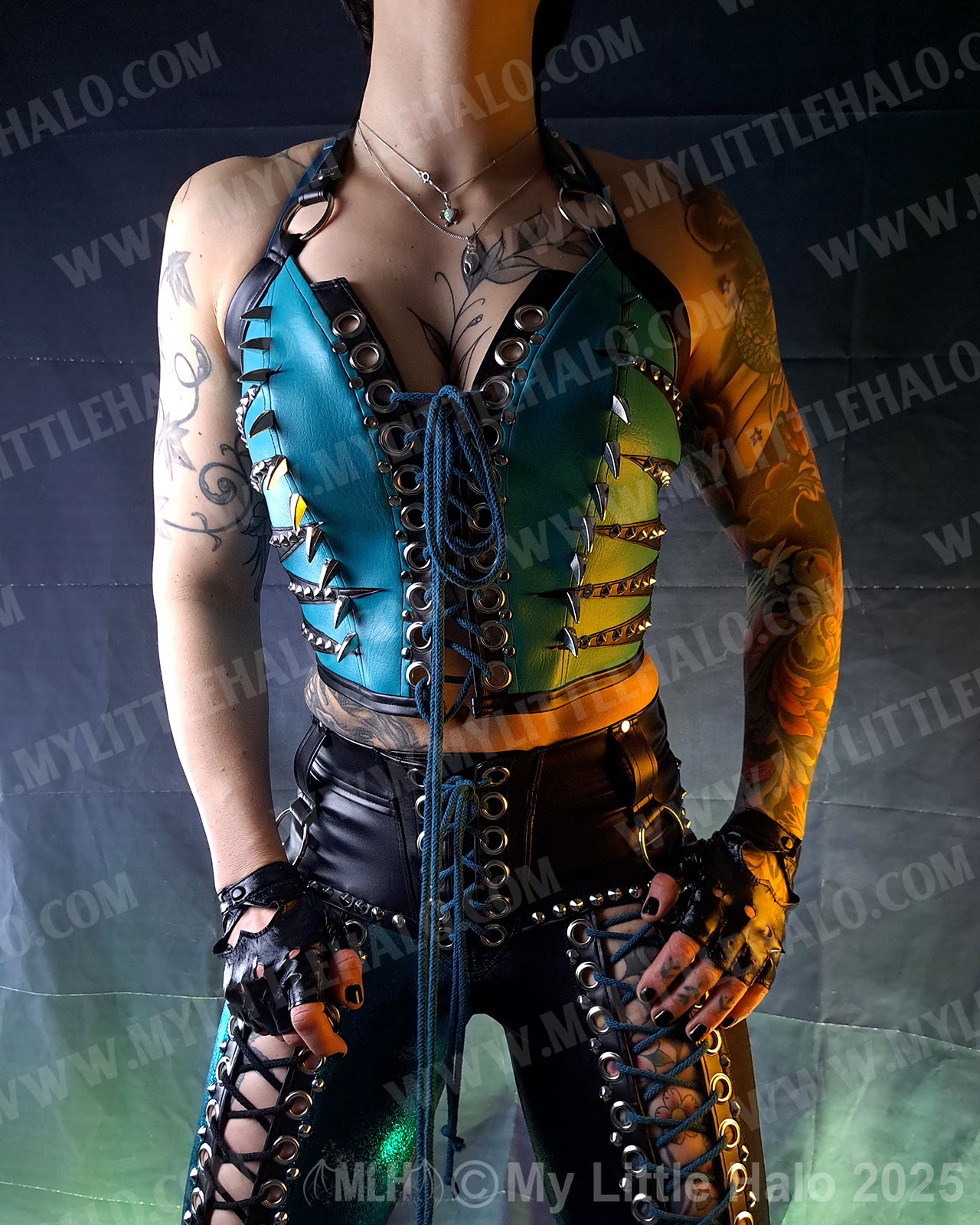 #20 Black & Teal Claw Spiked Zebra Bustier