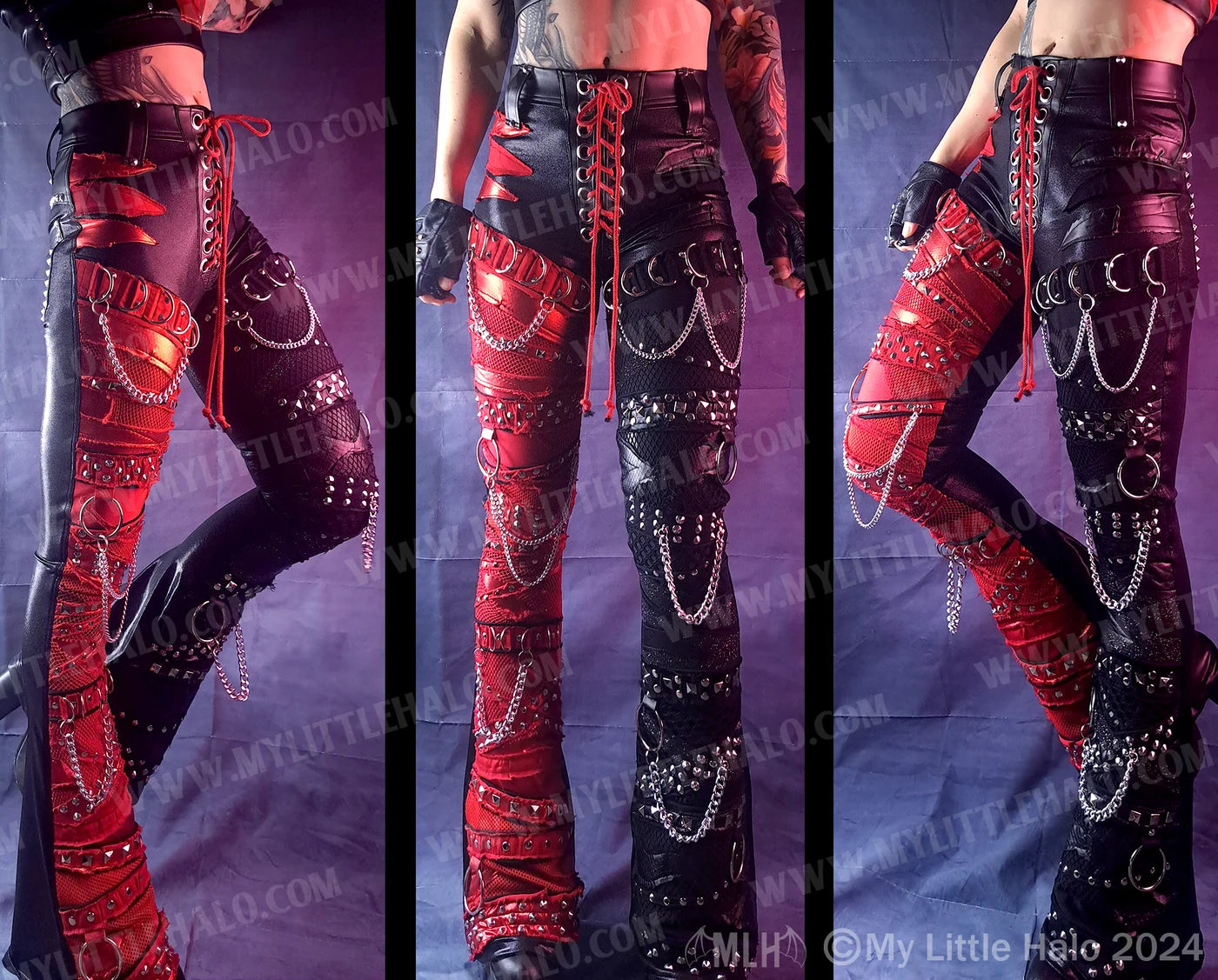 #21 High Waisted Red & Black Collage Flares