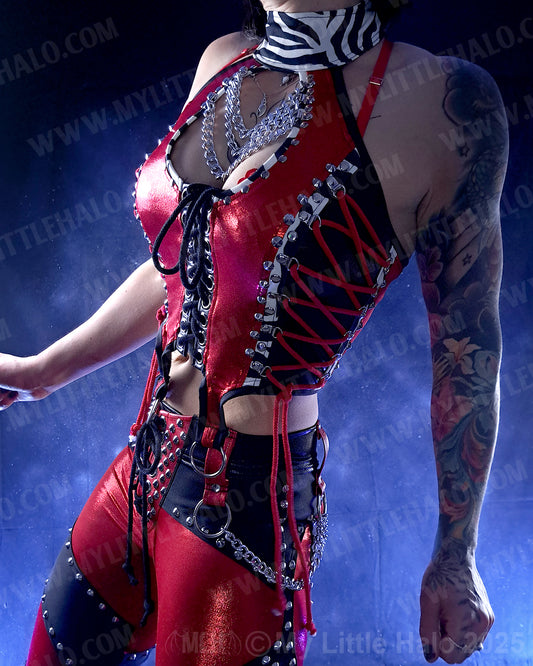 #21 Red, Black & Zebra Lace up Chain Halter