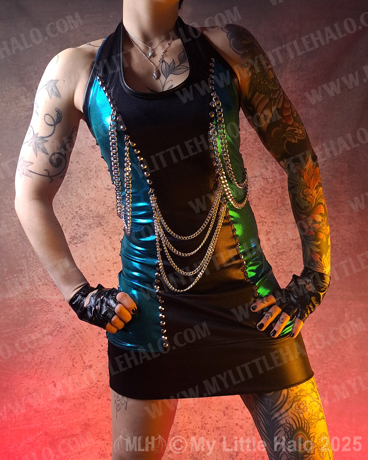 #22 Black & Teal Chains Halter Neck Mini Dress