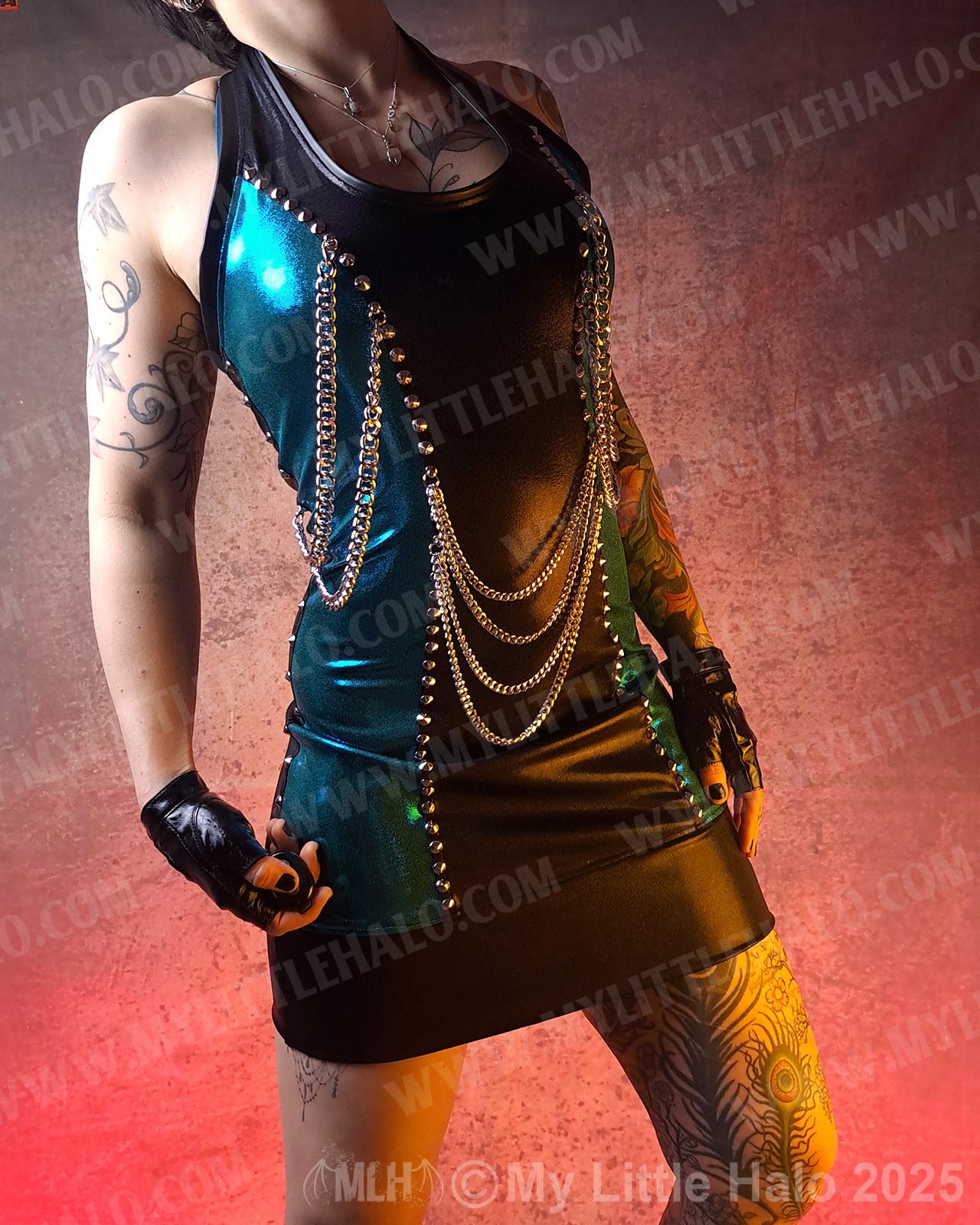 #22 Black & Teal Chains Halter Neck Mini Dress
