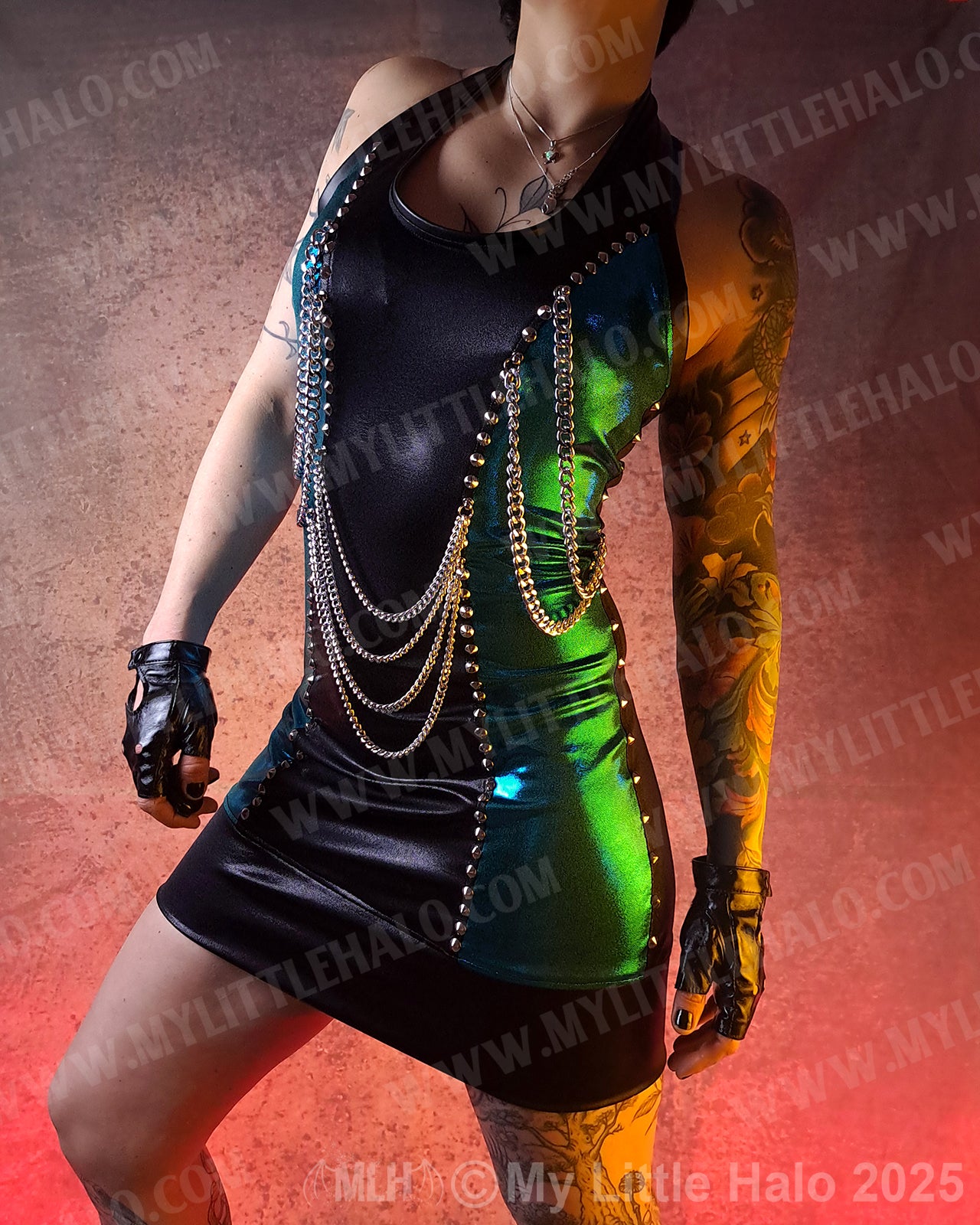 #22 Black & Teal Chains Halter Neck Mini Dress