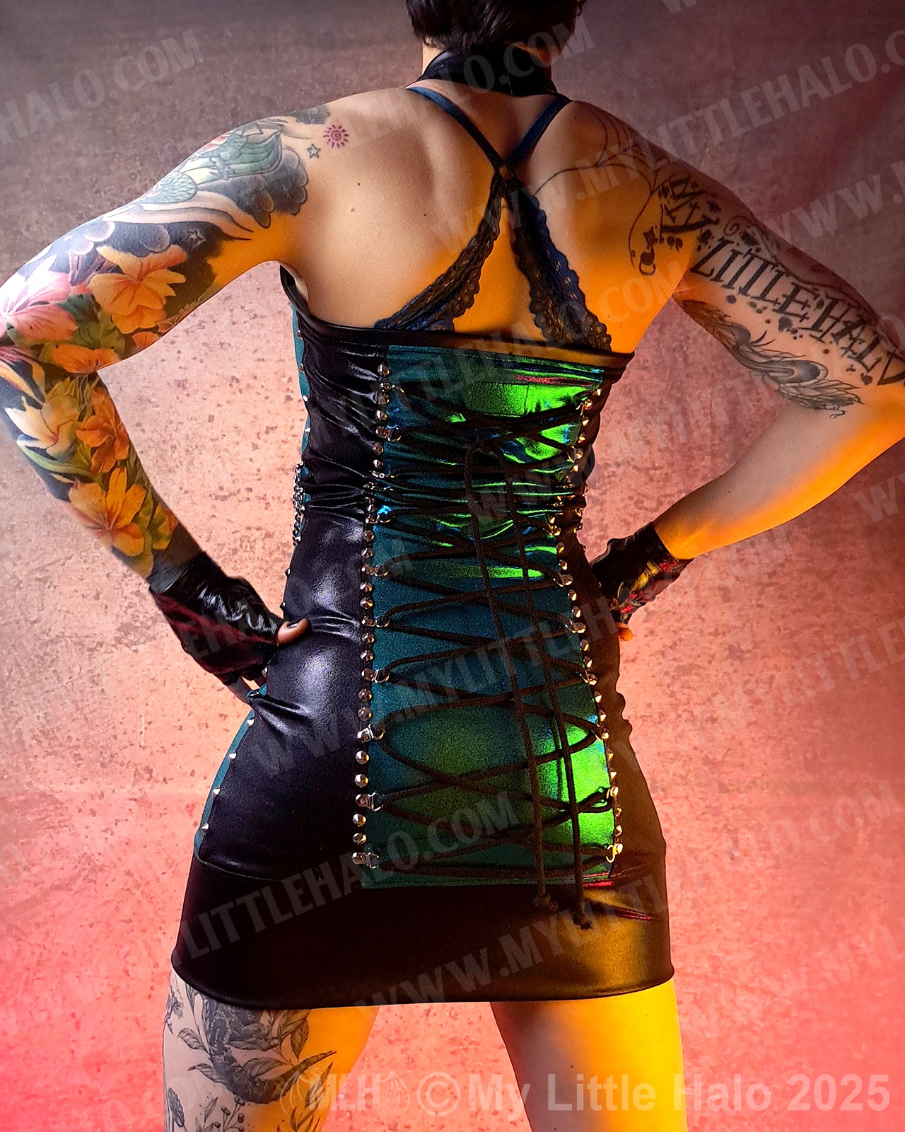 #22 Black & Teal Chains Halter Neck Mini Dress