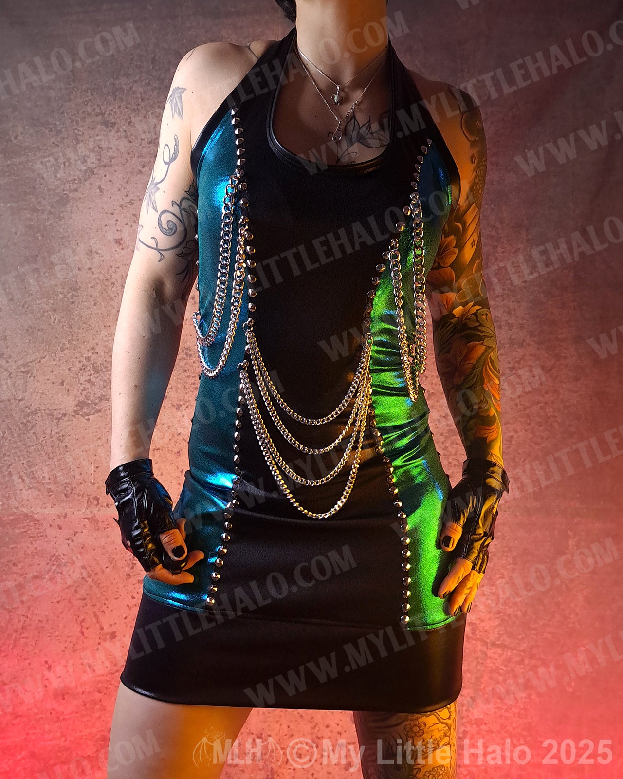 #22 Black & Teal Chains Halter Neck Mini Dress