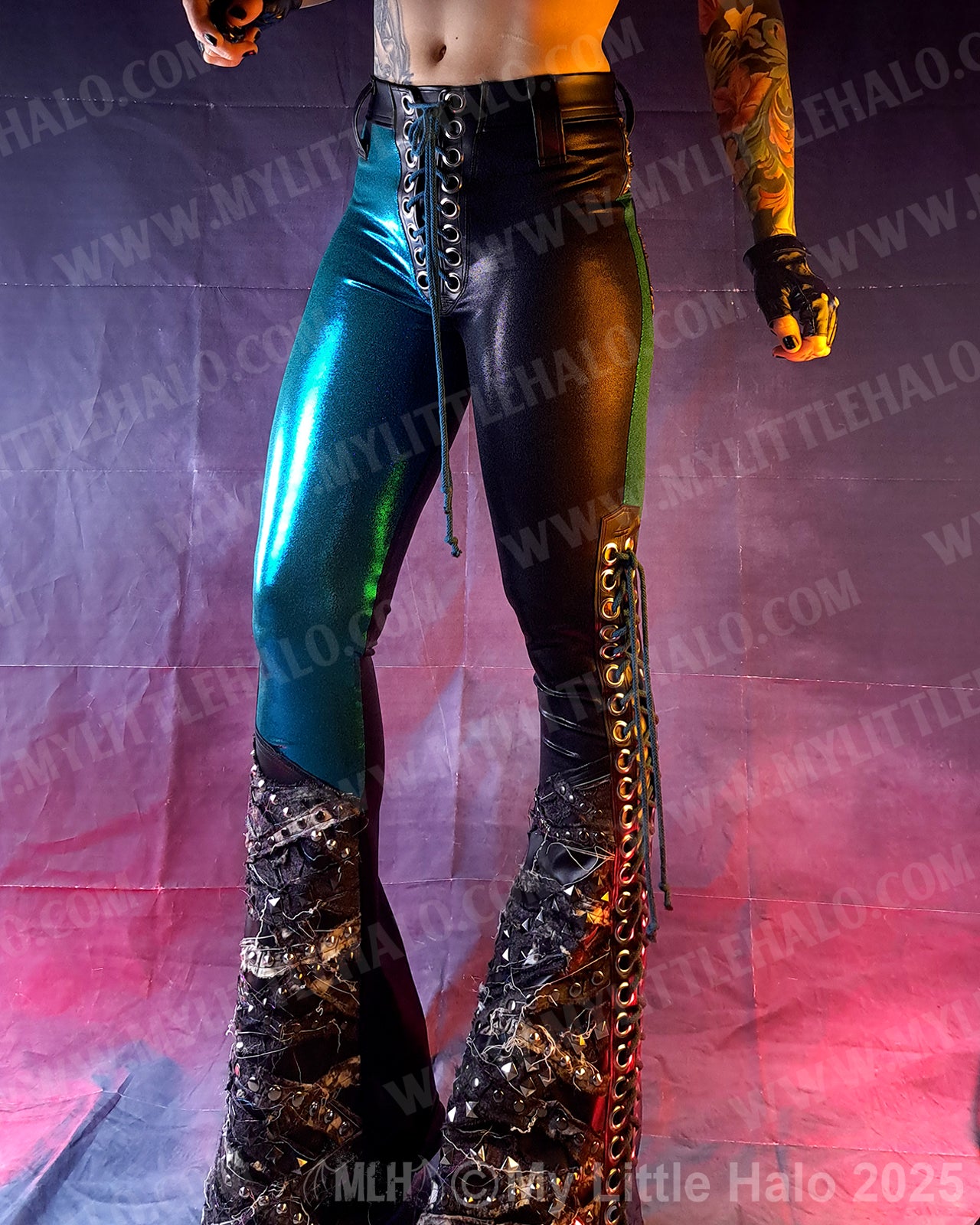 #23 Black & Teal Bleached Denim, Lace up Flare Pants