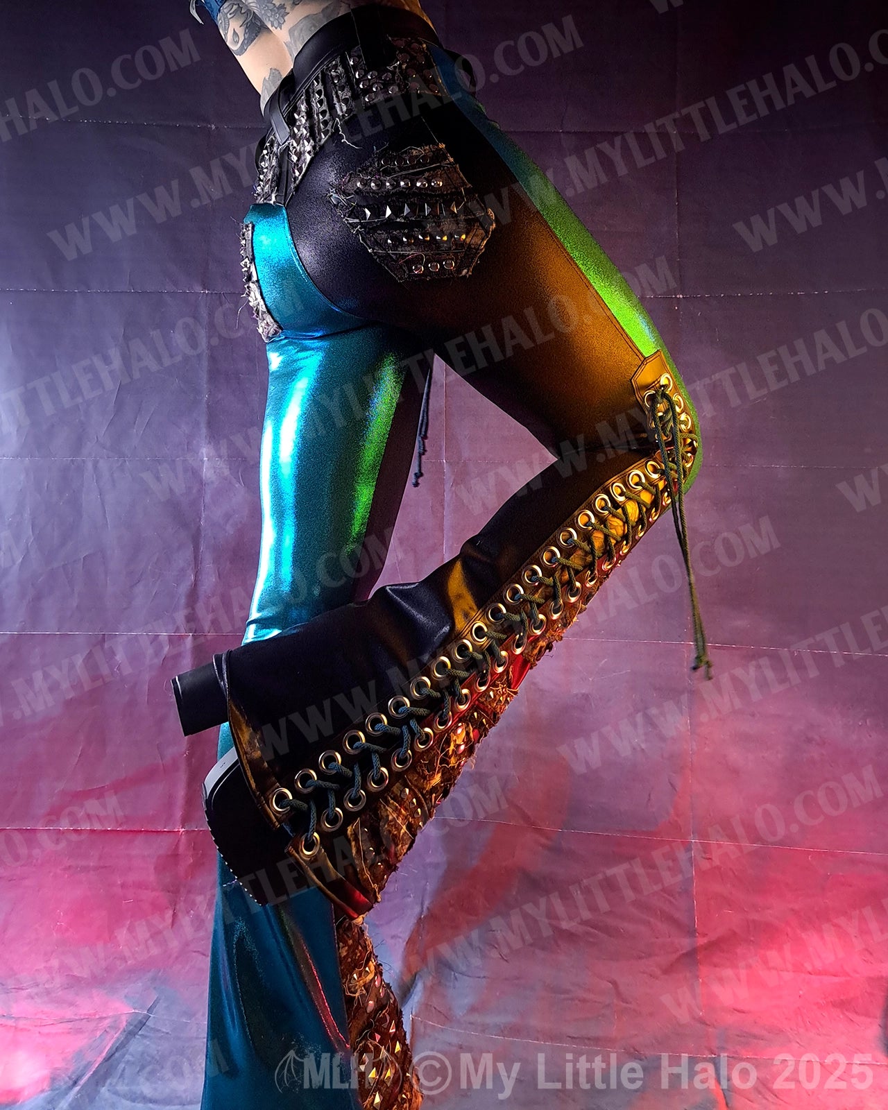 #23 Black & Teal Bleached Denim, Lace up Flare Pants