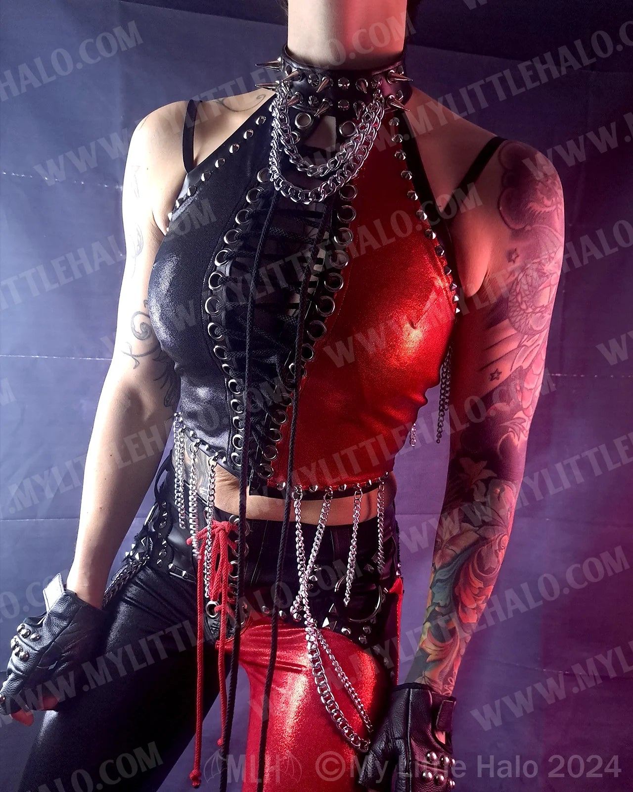#24 Red & Black Chain Fringe Spiked Halter (02-24-11-1-24)