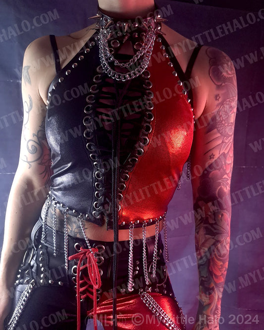 #24 Red & Black Chain Fringe Spiked Halter (02-24-11-1-24)