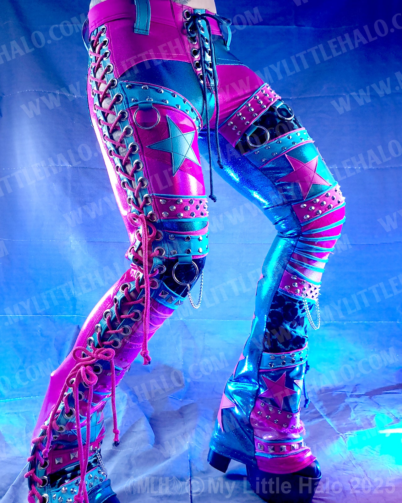 #2 Pink & Turquoise Lace Up Collage Flares