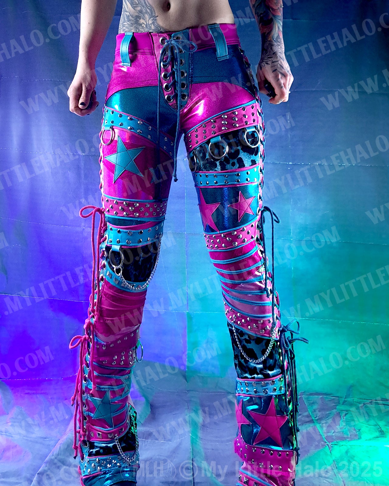 #2 Pink & Turquoise Lace Up Collage Flares