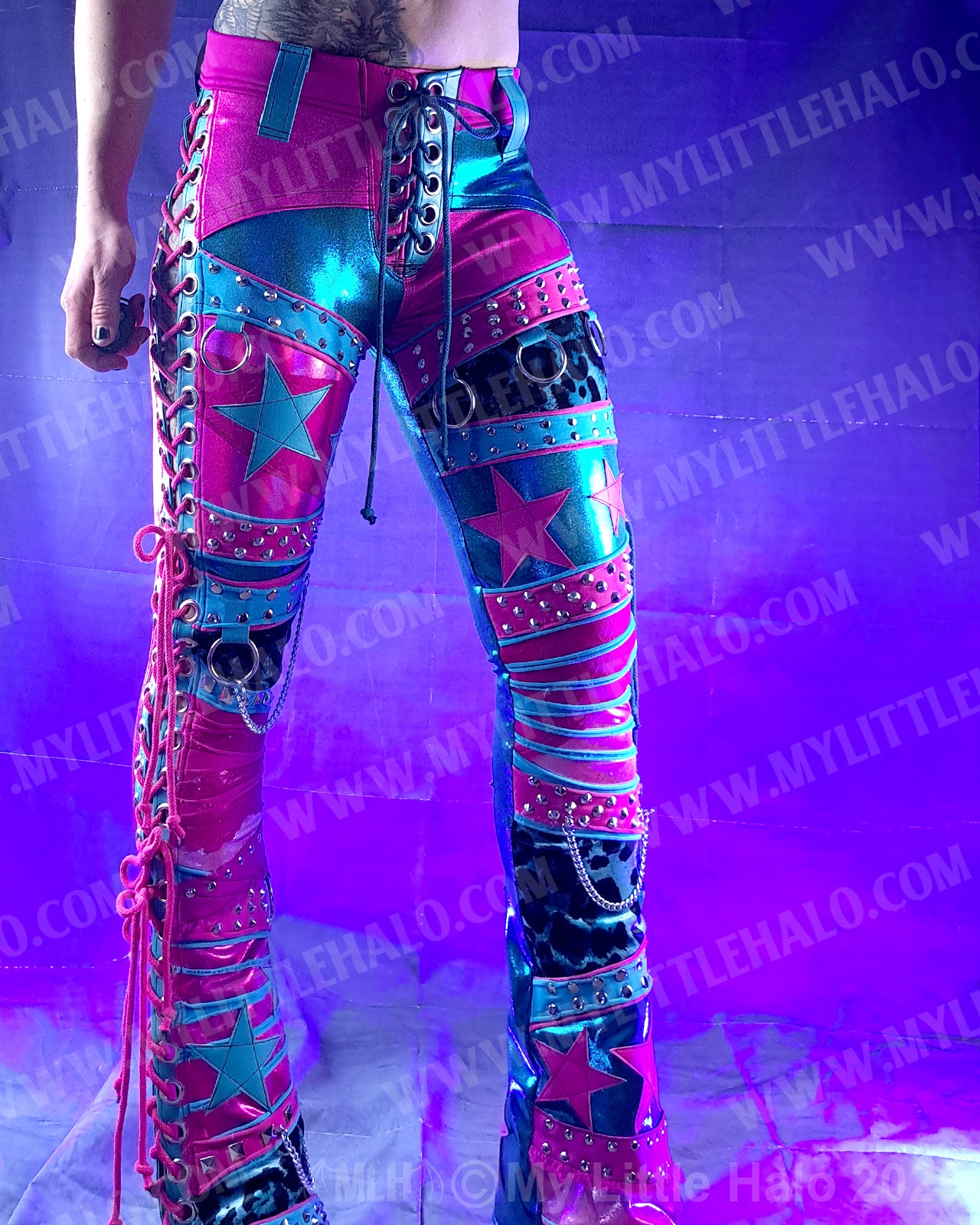 #2 Pink & Turquoise Lace Up Collage Flares