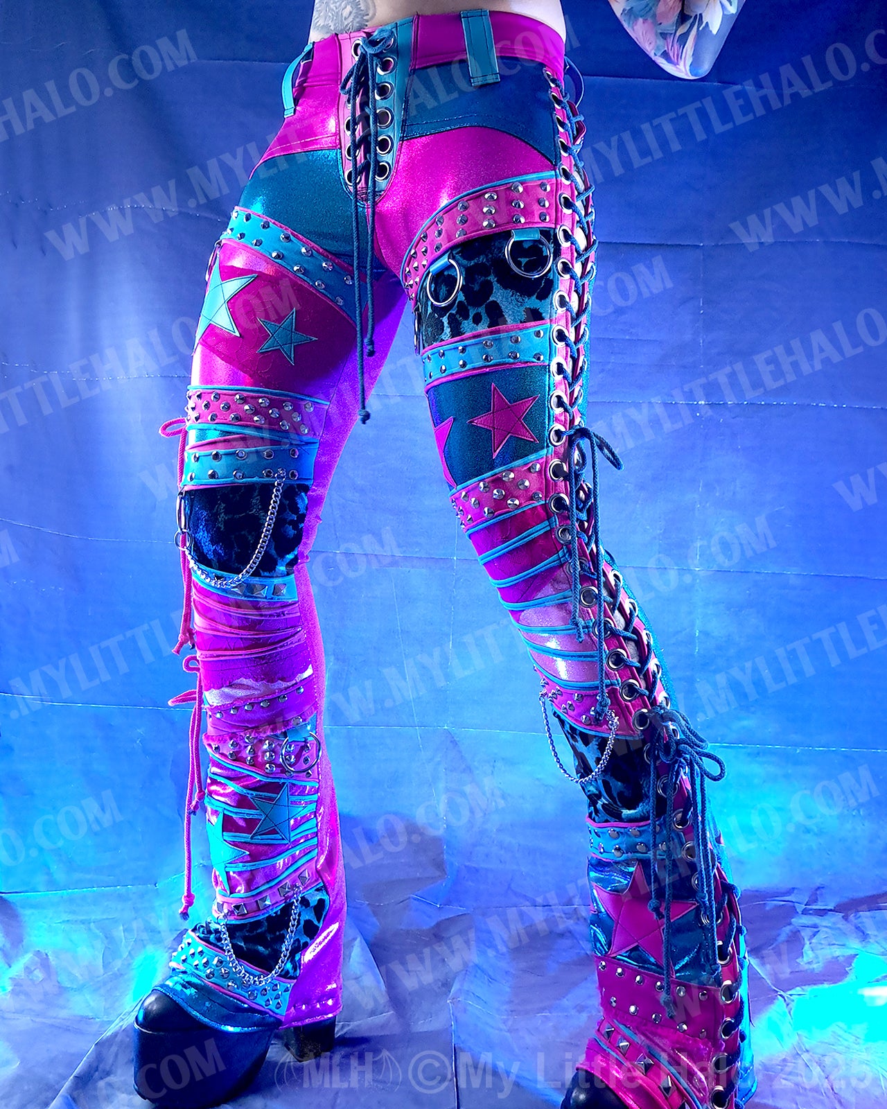 #2 Pink & Turquoise Lace Up Collage Flares