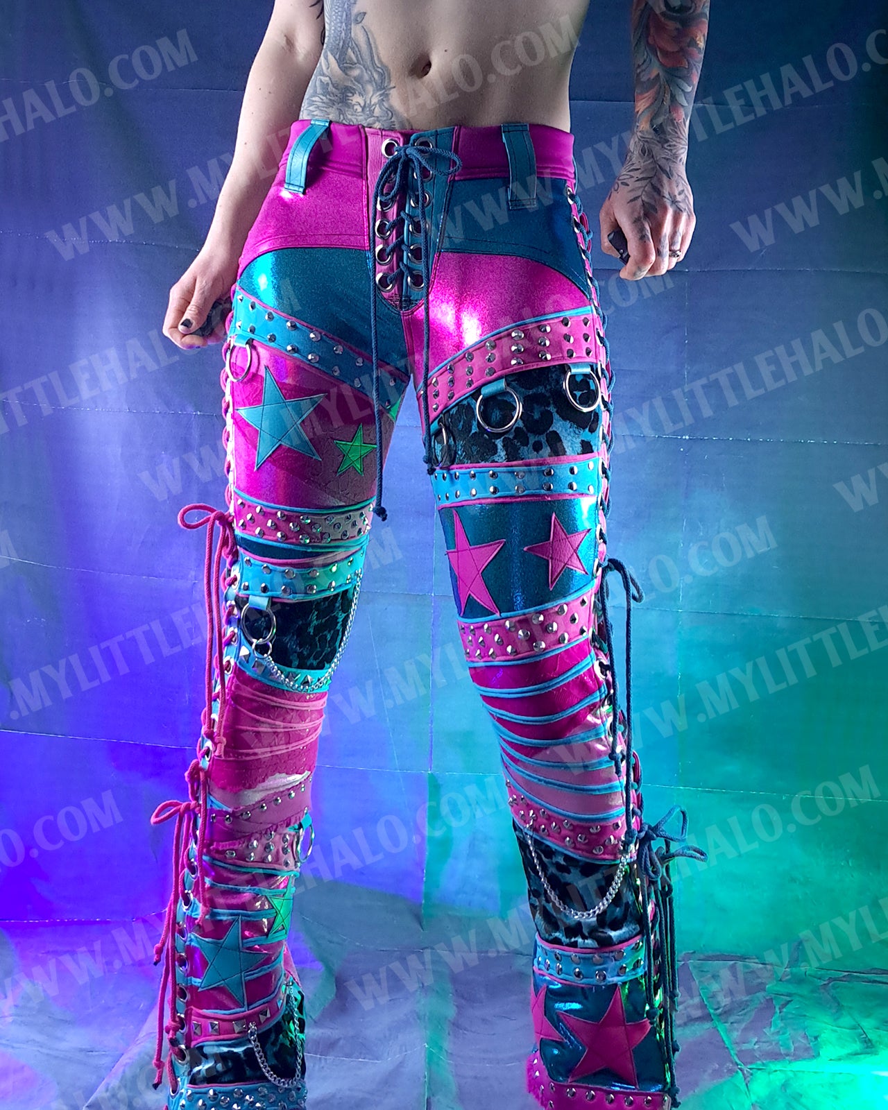 #2 Pink & Turquoise Lace Up Collage Flares