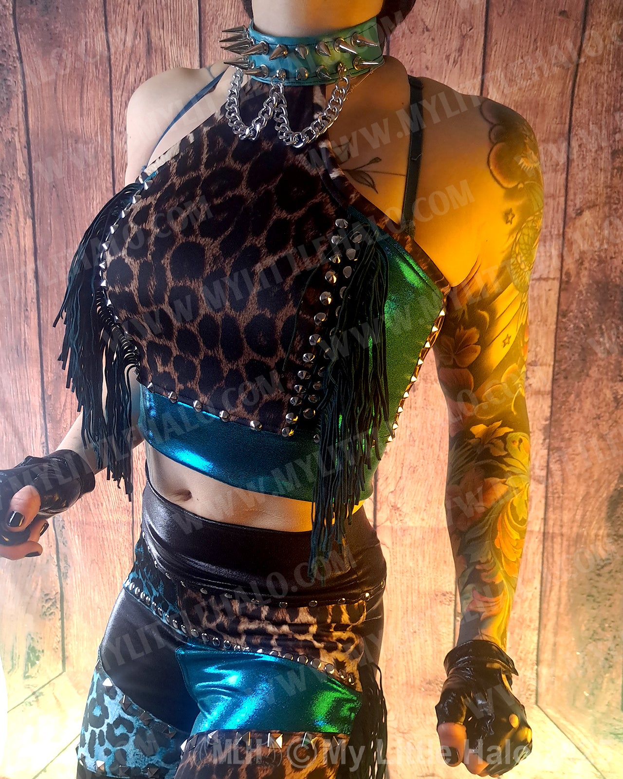 #2 Teal & Leopard Spiked Choker Halter
