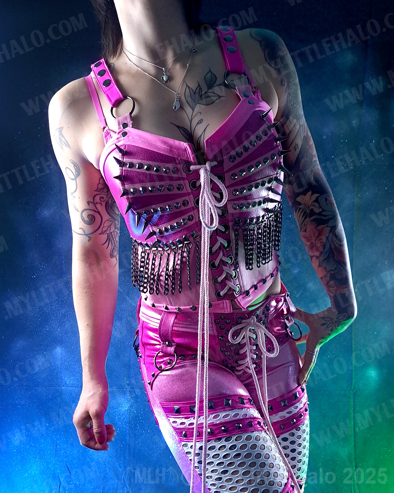 #3 Pink & Gunmetal Spiked Chain Fringe Bustier