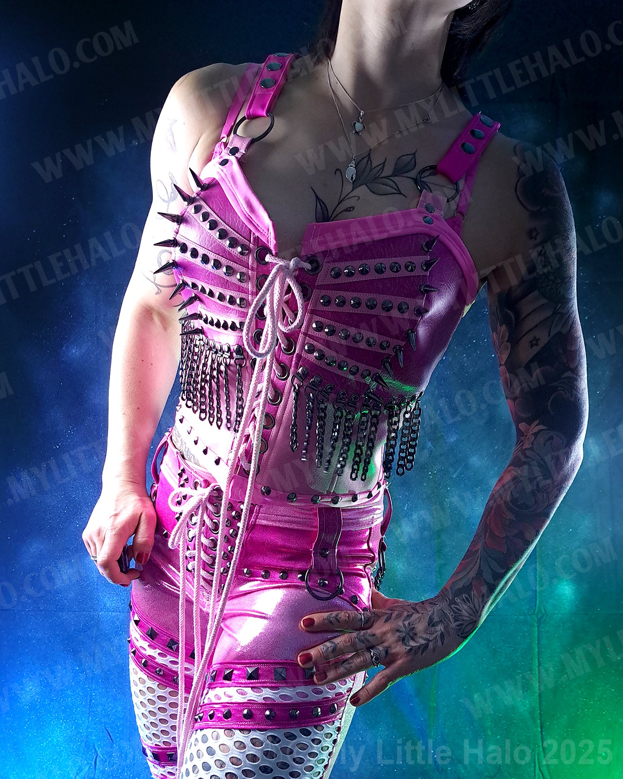 #3 Pink & Gunmetal Spiked Chain Fringe Bustier