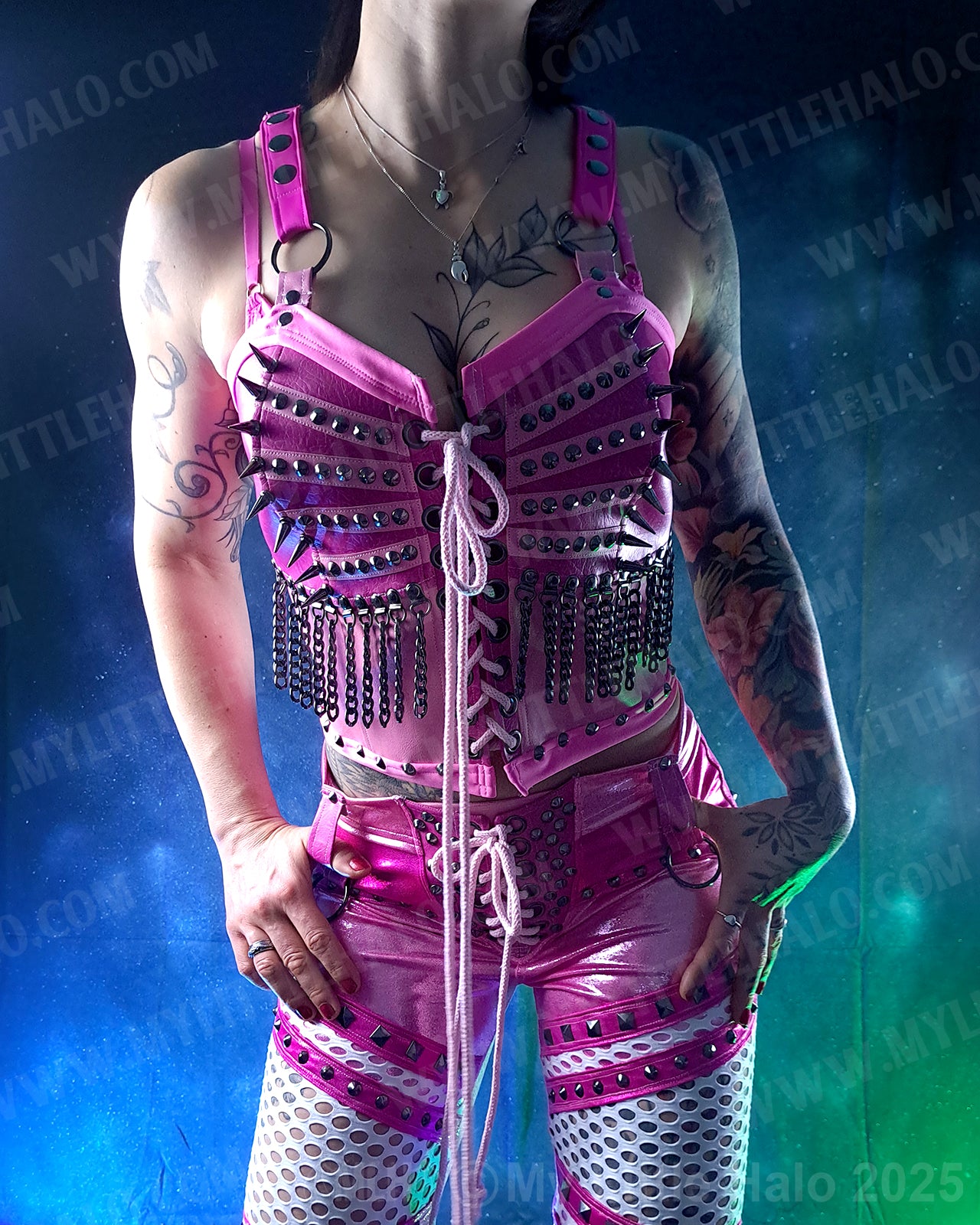 #3 Pink & Gunmetal Spiked Chain Fringe Bustier
