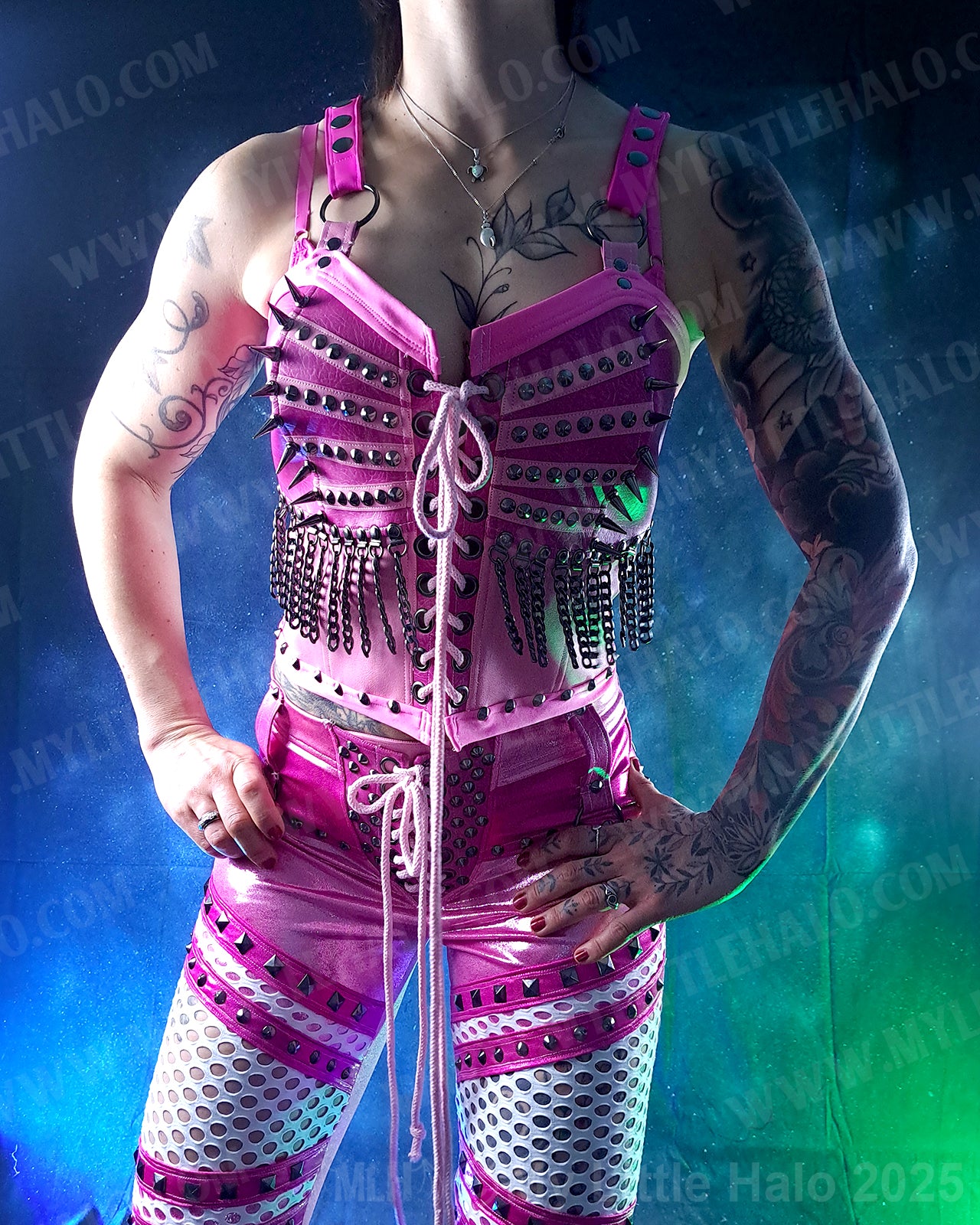 #3 Pink & Gunmetal Spiked Chain Fringe Bustier