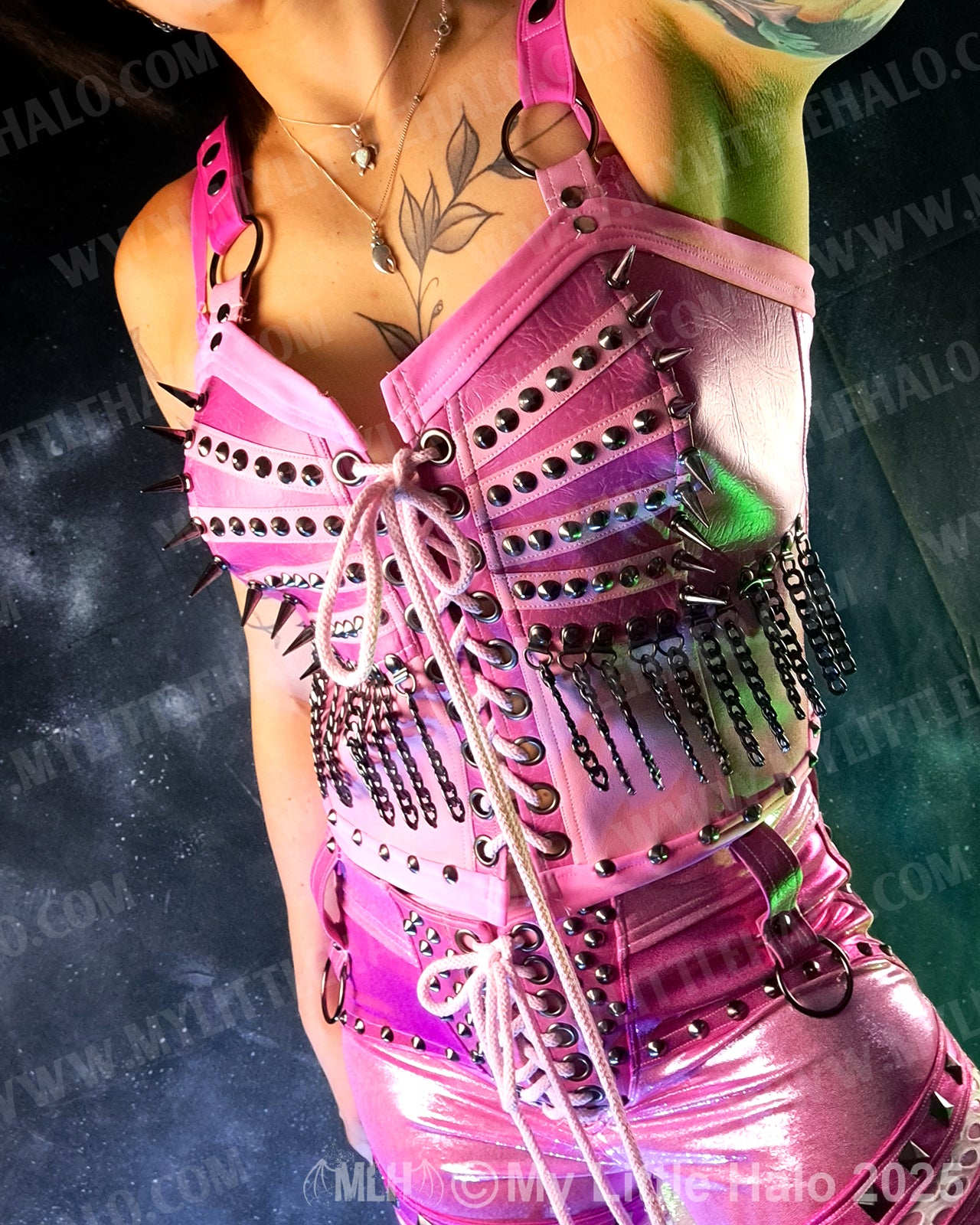 #3 Pink & Gunmetal Spiked Chain Fringe Bustier