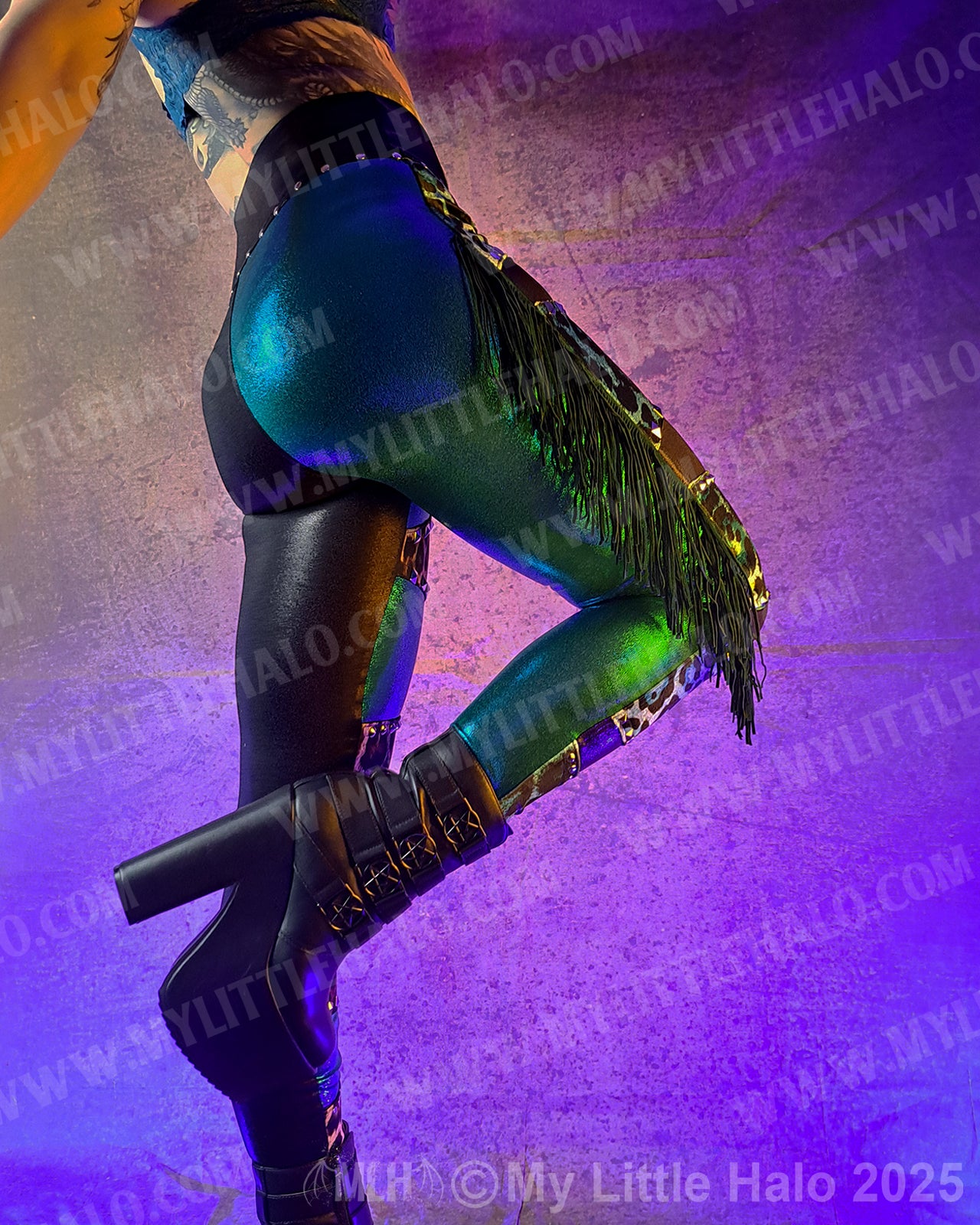 #4 High Waist Teal & Tan Leopard Print Fringe Leggings