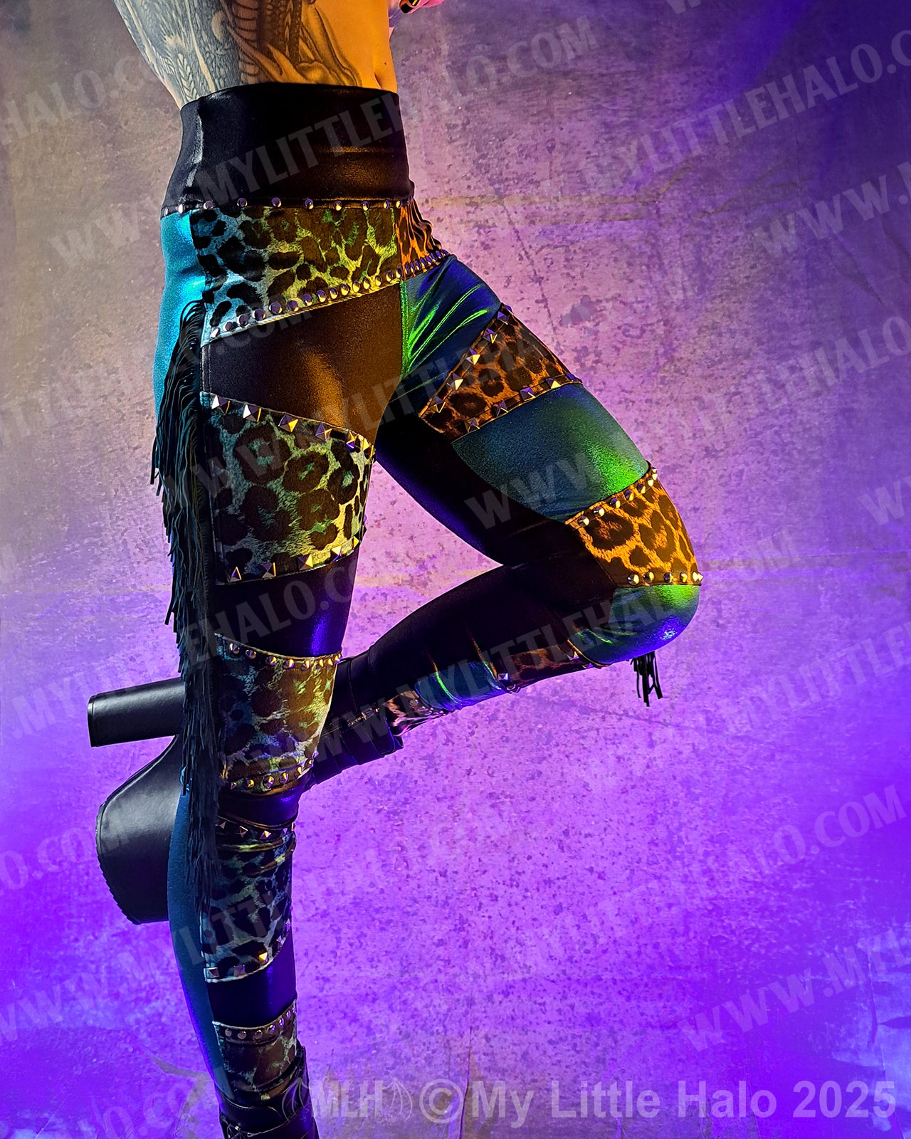 #4 High Waist Teal & Tan Leopard Print Fringe Leggings