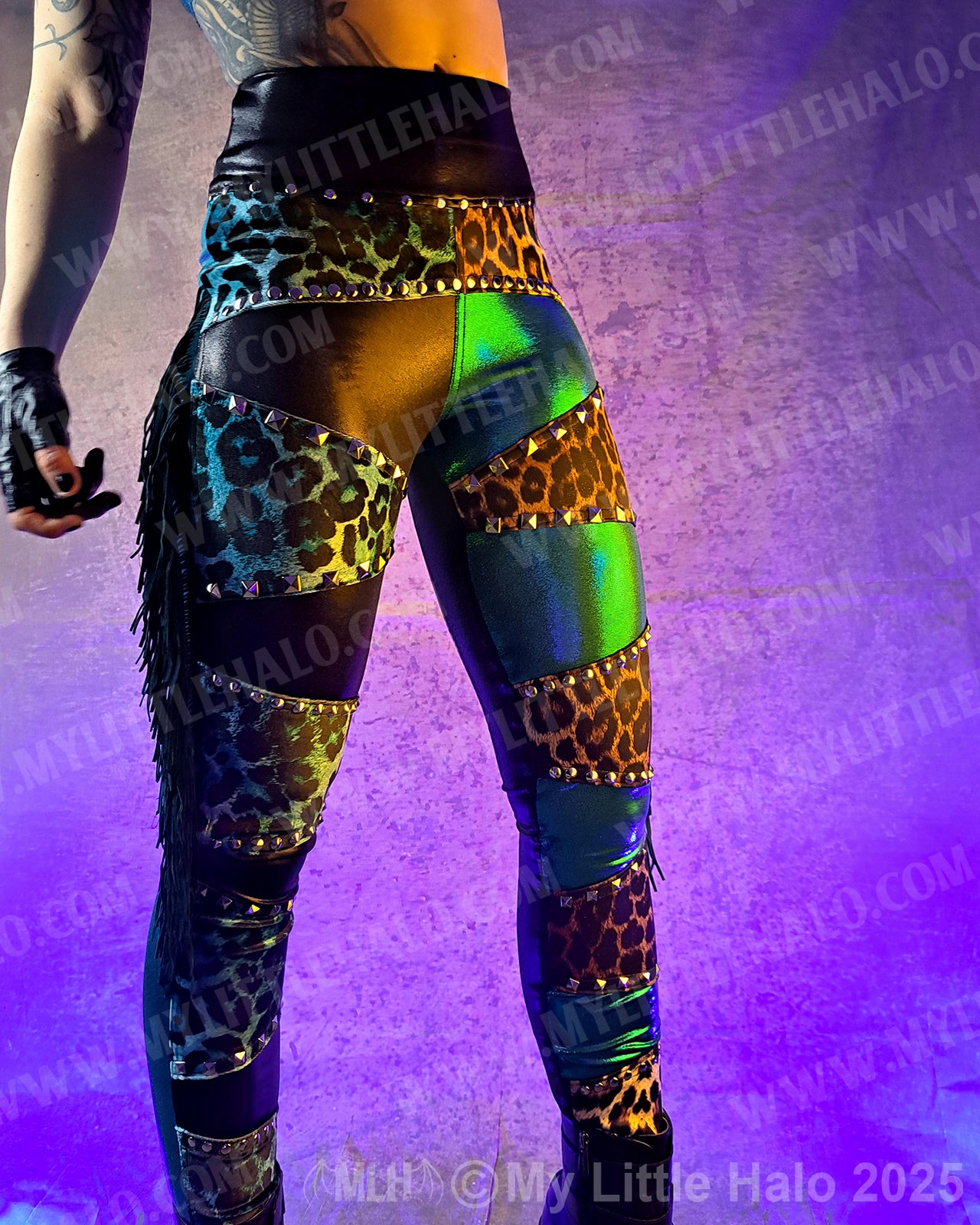 #4 High Waist Teal & Tan Leopard Print Fringe Leggings