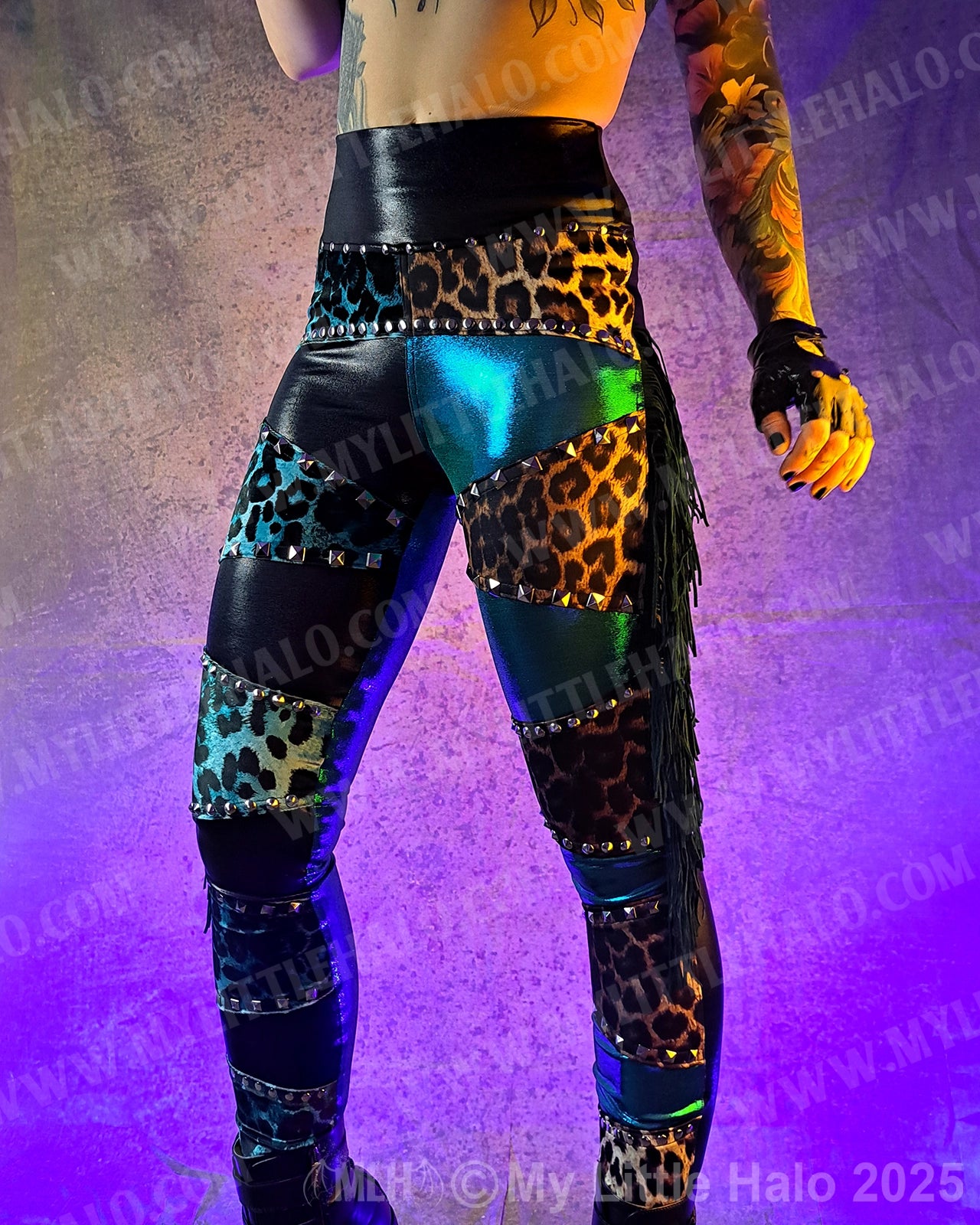 #4 High Waist Teal & Tan Leopard Print Fringe Leggings