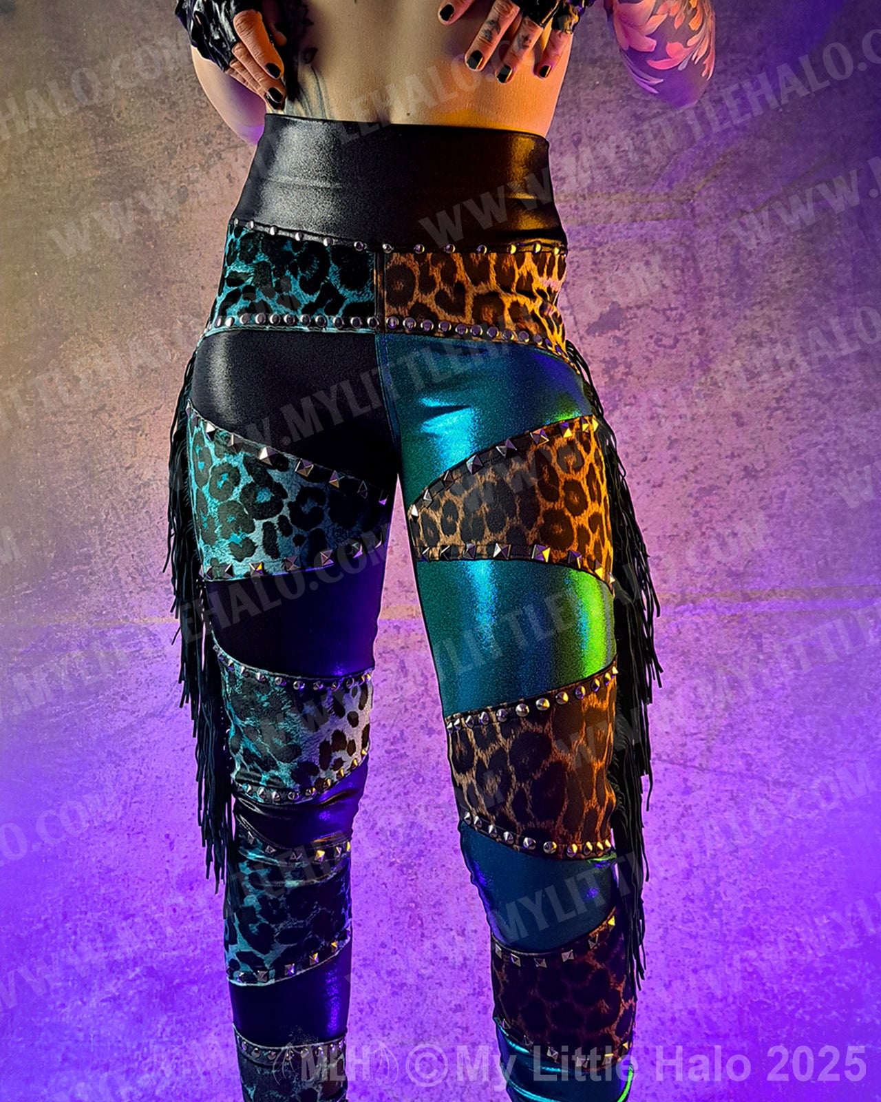 #4 High Waist Teal & Tan Leopard Print Fringe Leggings