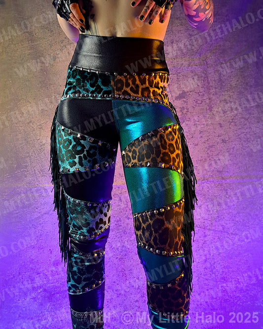 #4 High Waist Teal & Tan Leopard Print Fringe Leggings