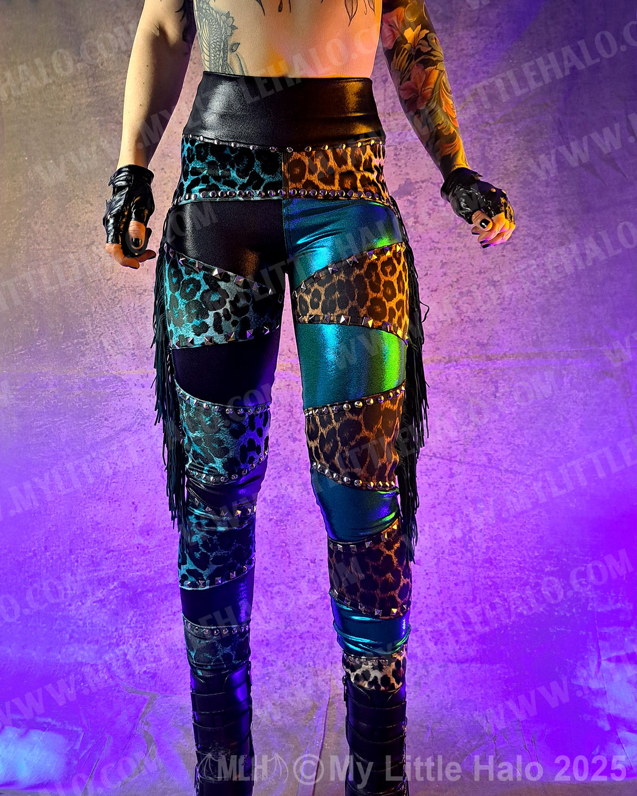 #4 High Waist Teal & Tan Leopard Print Fringe Leggings