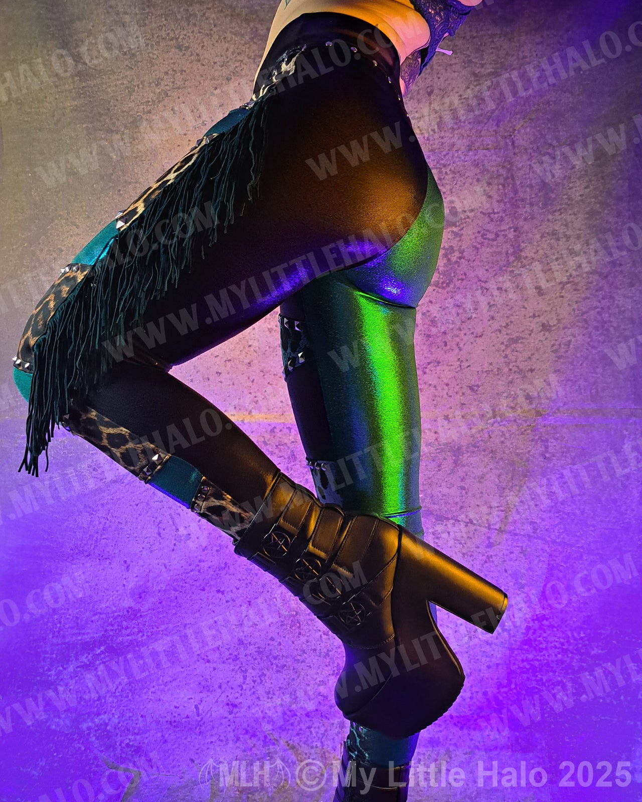 #4 High Waist Teal & Tan Leopard Print Fringe Leggings