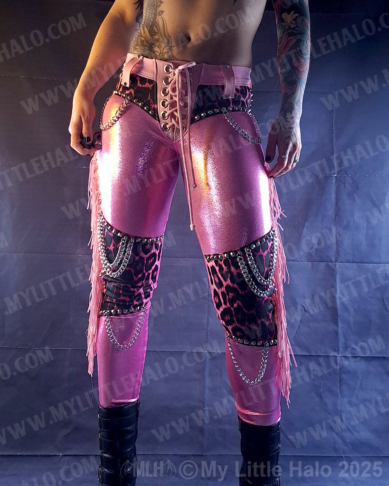 #4 Pink Candy & Leopard Fringed Chain Skinnies