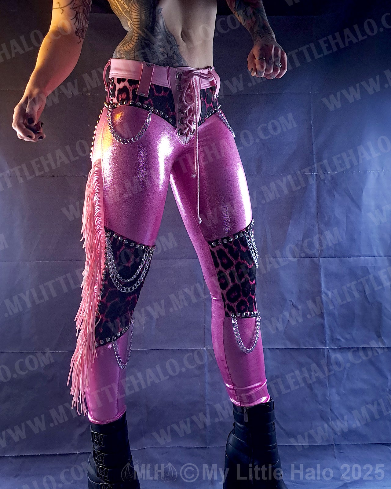 #4 Pink Candy & Leopard Fringed Chain Skinnies