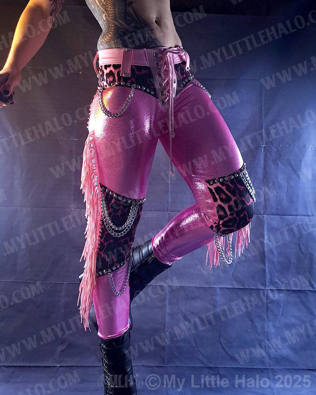 #4 Pink Candy & Leopard Fringed Chain Skinnies