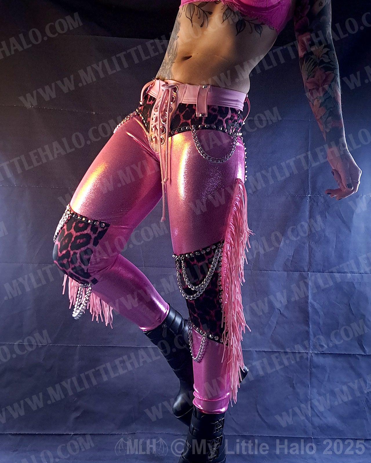 #4 Pink Candy & Leopard Fringed Chain Skinnies