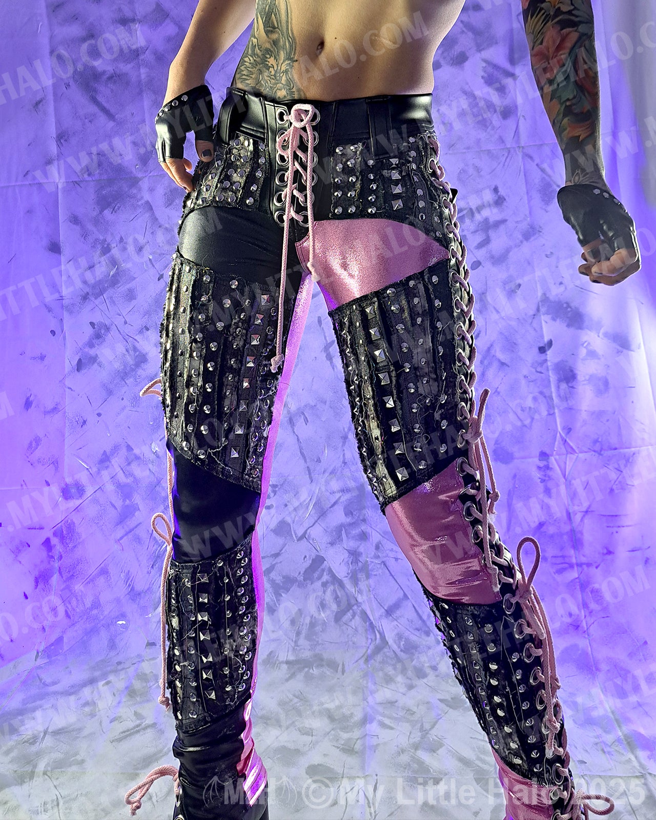 #5 Baby Pink, Black & Bleached Denim Side Lace up Pants