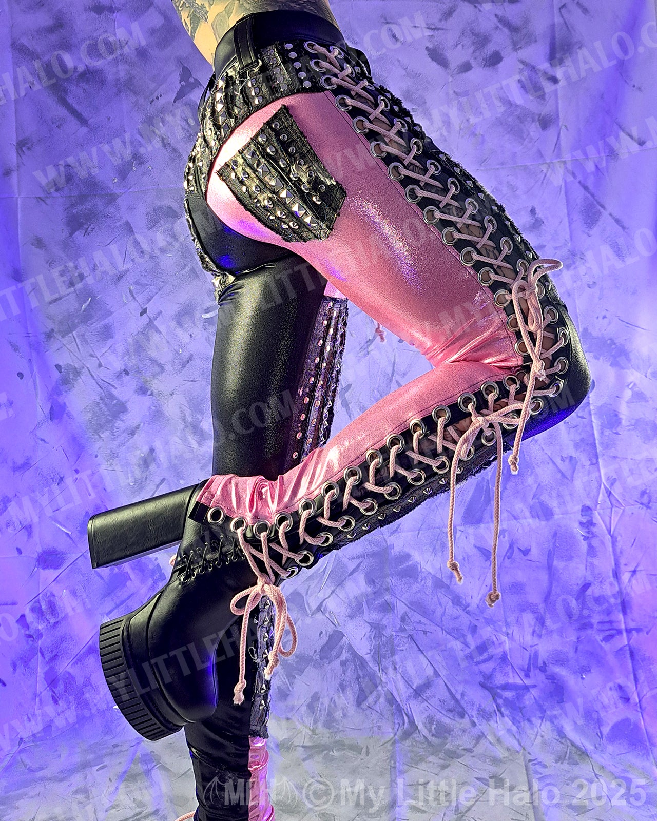 #5 Baby Pink, Black & Bleached Denim Side Lace up Pants