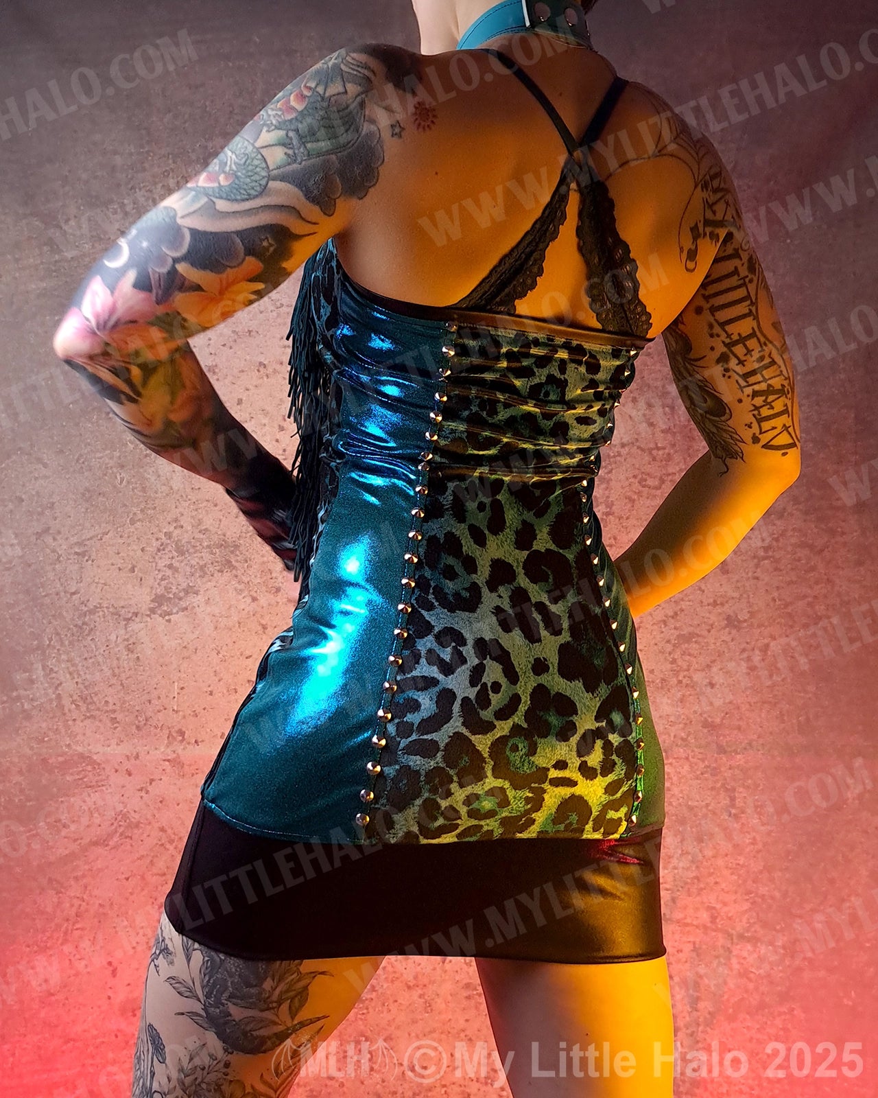 #5 Fringed Teal Leopard Print Mini Dress