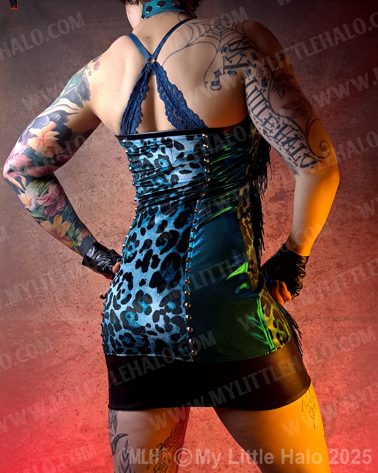 #5 Fringed Teal Leopard Print Mini Dress