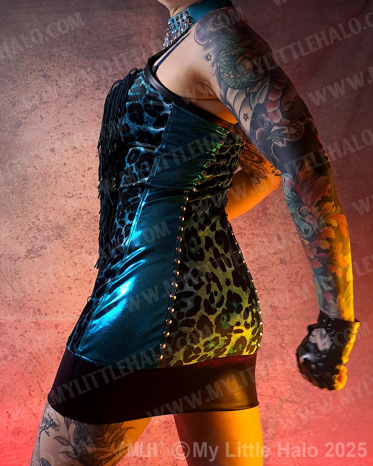 #5 Fringed Teal Leopard Print Mini Dress