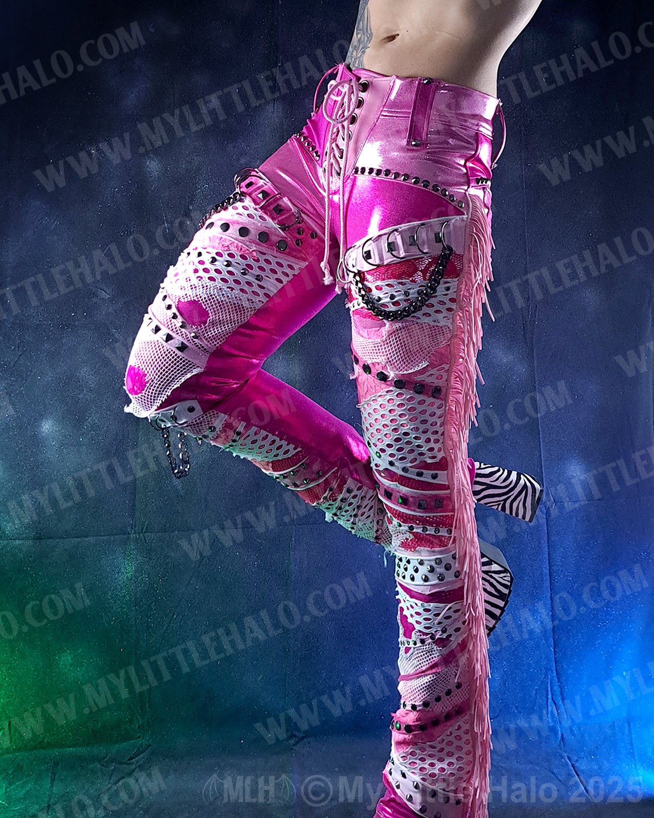 #5 Pink & Gunmetal Collaged & Fringed Straight Leg Pants