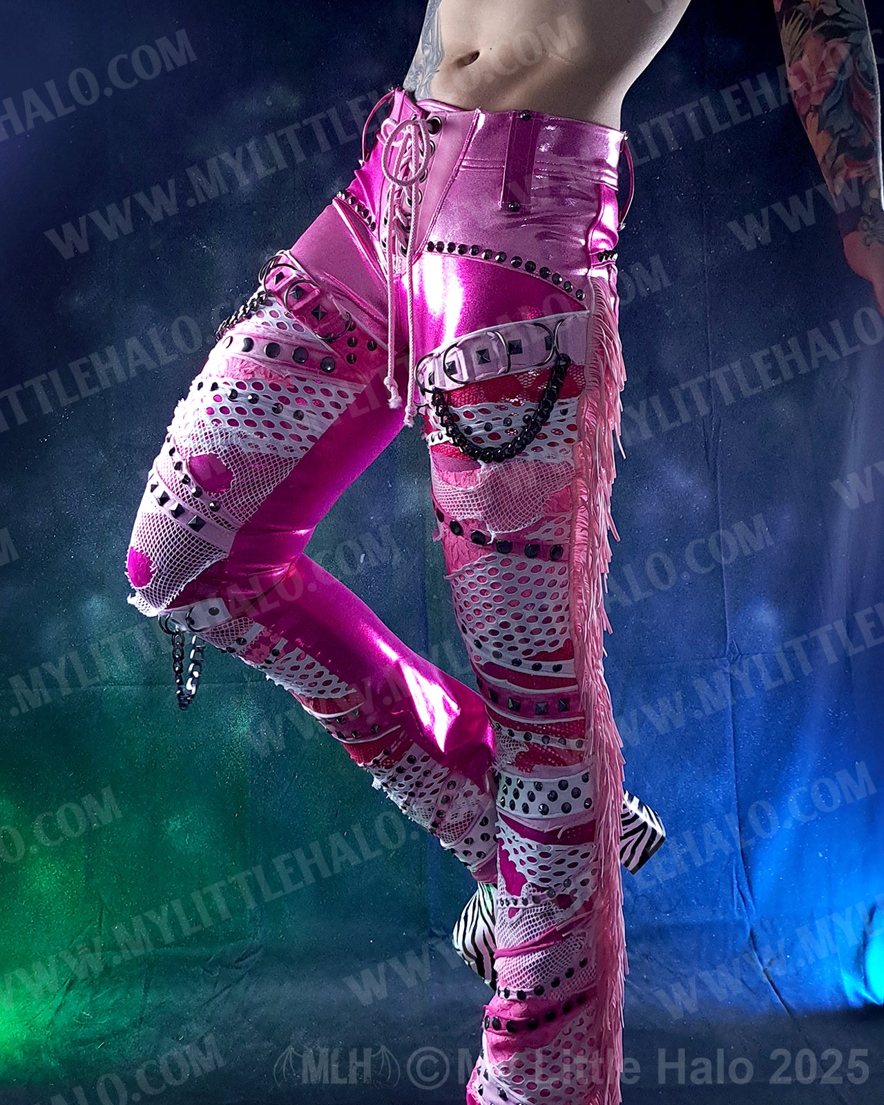 #5 Pink & Gunmetal Collaged & Fringed Straight Leg Pants