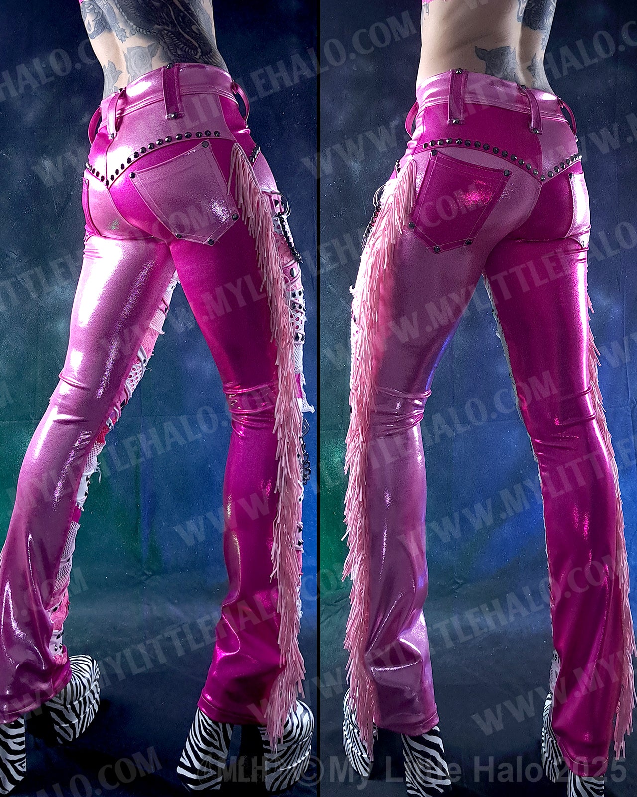 #5 Pink & Gunmetal Collaged & Fringed Straight Leg Pants