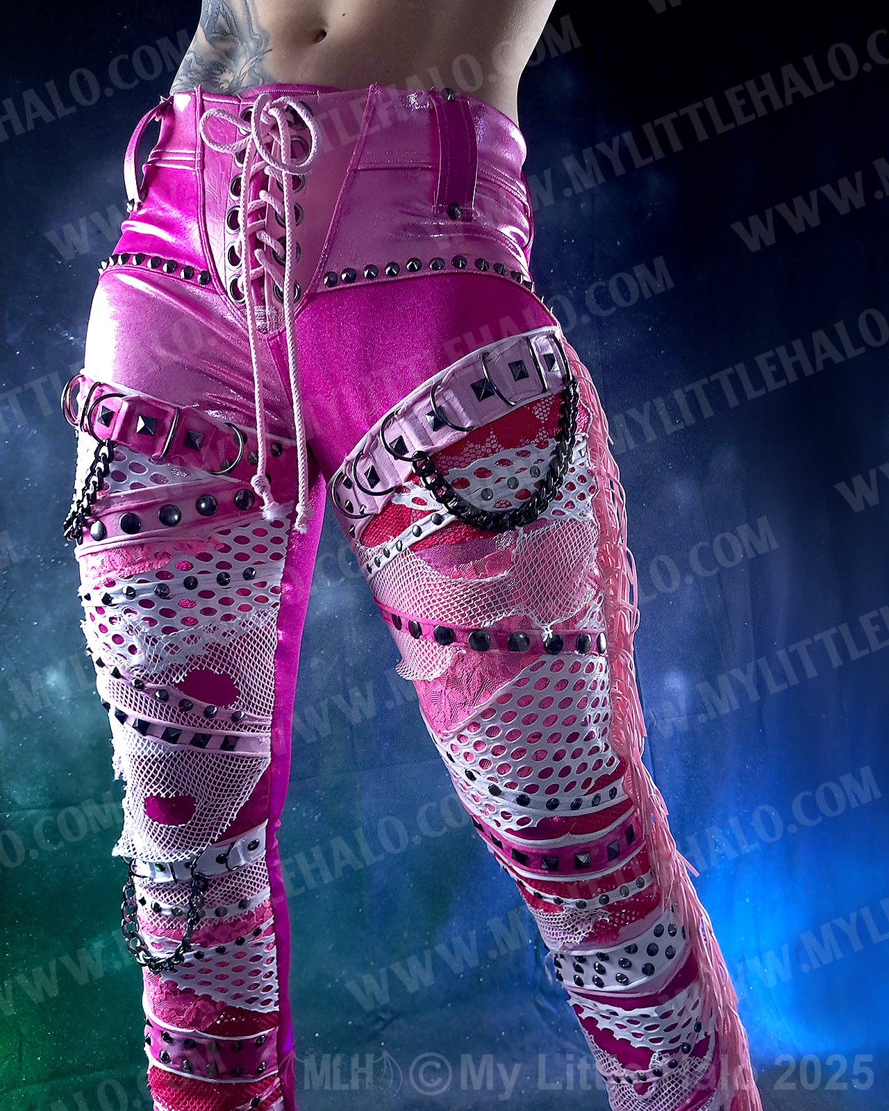#5 Pink & Gunmetal Collaged & Fringed Straight Leg Pants