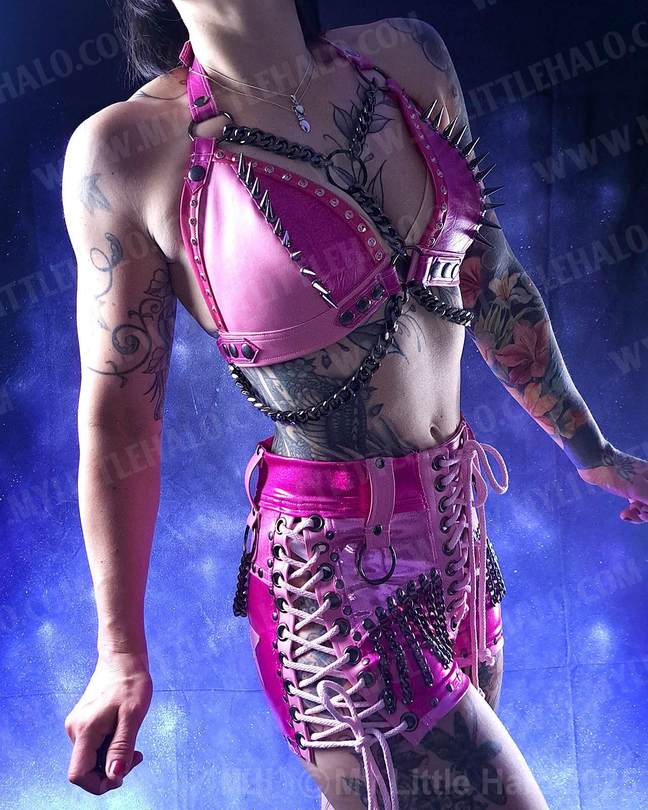 #6 Pink & Gunmetal Spike & Gemstone Bikini Halter
