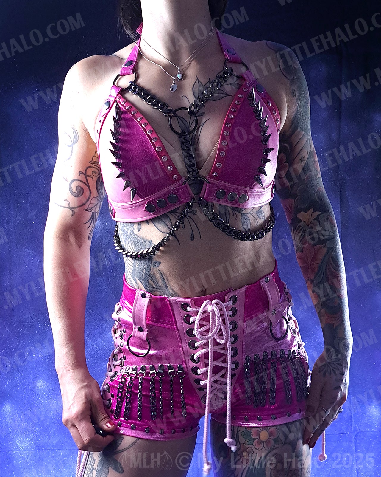 #6 Pink & Gunmetal Spike & Gemstone Bikini Halter