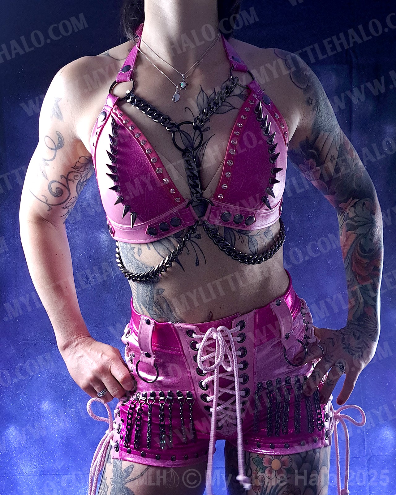 #6 Pink & Gunmetal Spike & Gemstone Bikini Halter