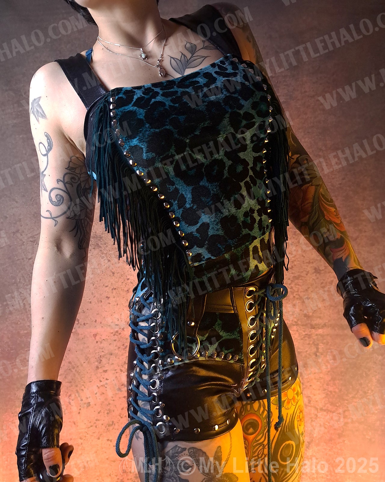 #6 Teal Leopard Fringed Vest