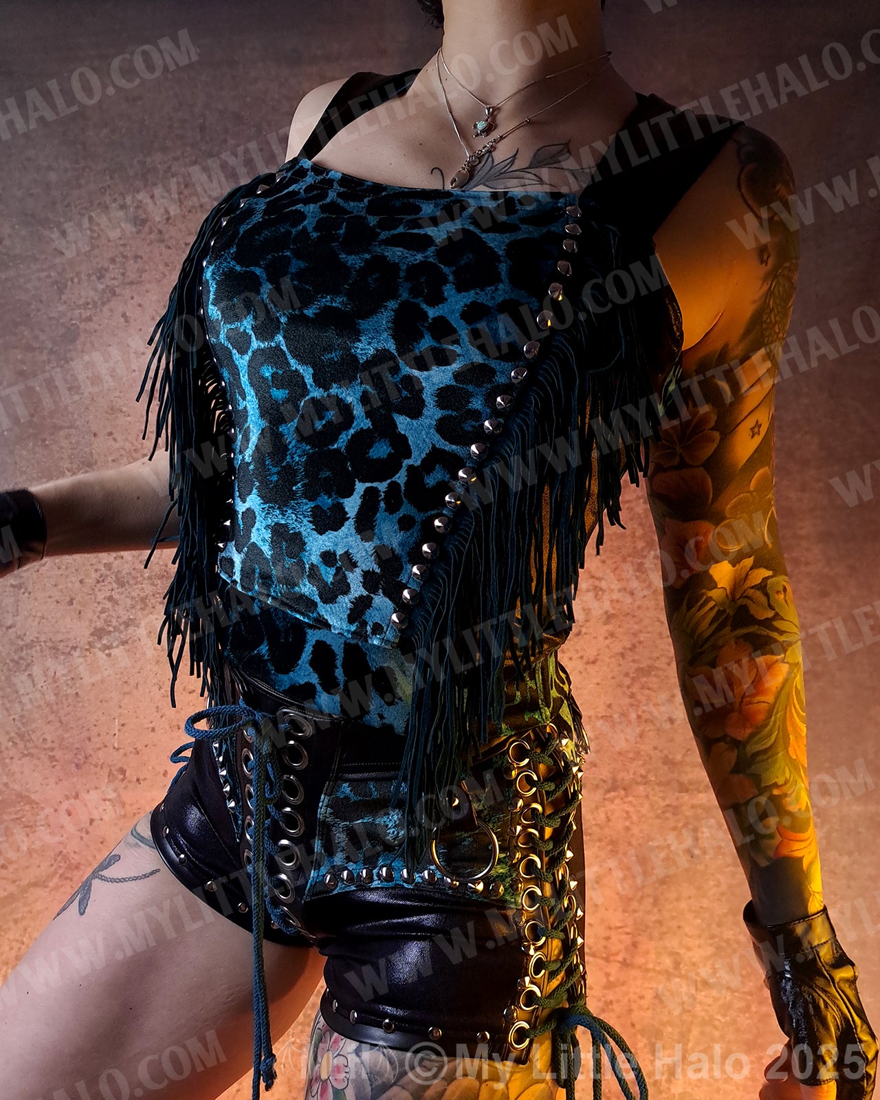#6 Teal Leopard Fringed Vest