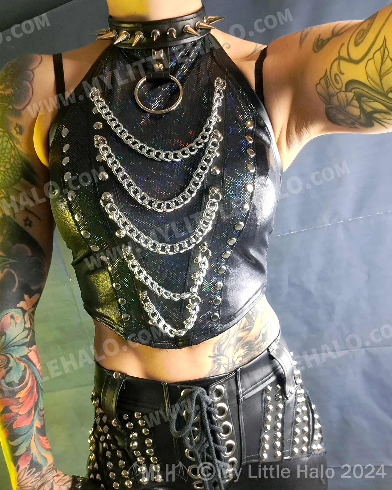 #6 Black Holographic Spike & Chain Halter